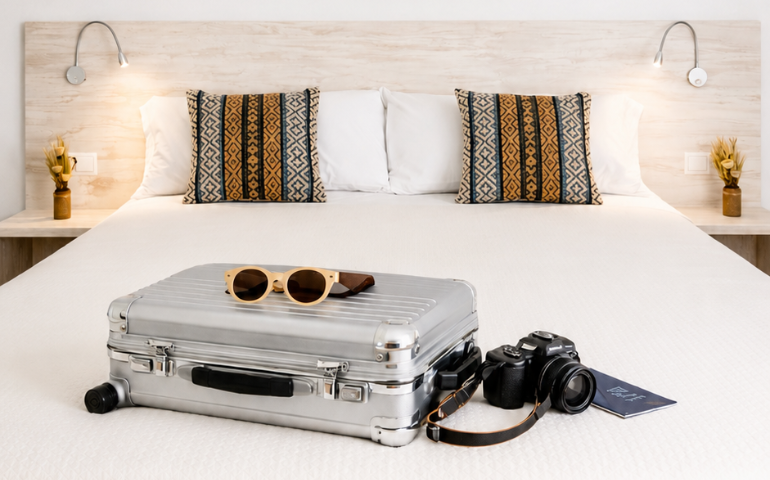 Maleta preparada sobre la cama para una primera vez en Ibiza desde un hostal boutique en San Antonio Ibiza