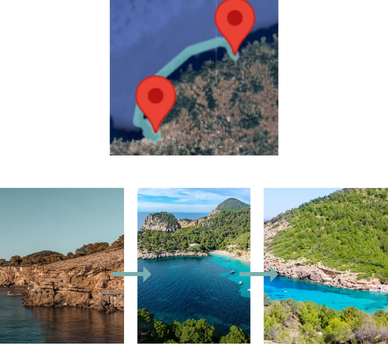 Mapa del itinerario en barco por el oeste/norte de Ibiza: Punta Galera, Cala Salada y Benirràs | hostal boutique en San Antonio Ibiza