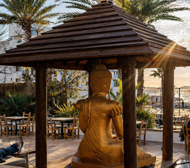Ambiente exterior de Golden Buddha en San Antonio Ibiza desde hostal boutique en San Antonio Ibiza